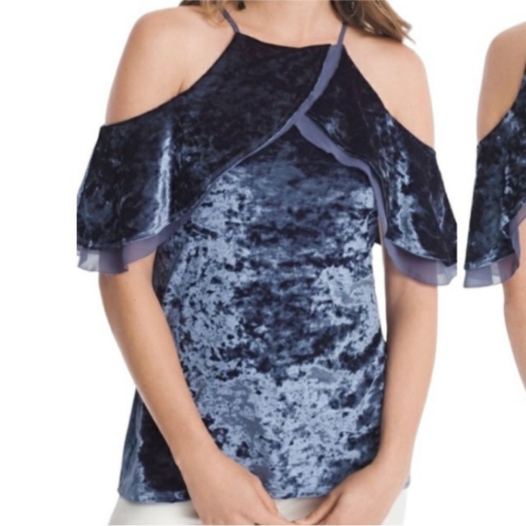 White House Black Market Crushed Velvet Halter Top Sz Small Cold Shoulder Blue